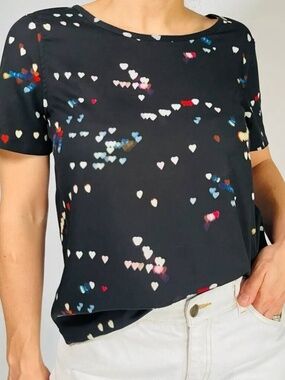 Equipment Black Short-Sleeve Blouse with Multicolor Heart Print
